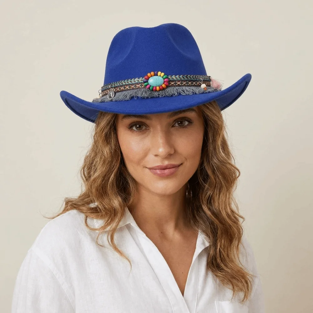Cool Woolen Western Cowboy Hat Solid Color Big-edge Party Cosplay Hat Colorful Ethnic Style Top Hat Cycling Caps