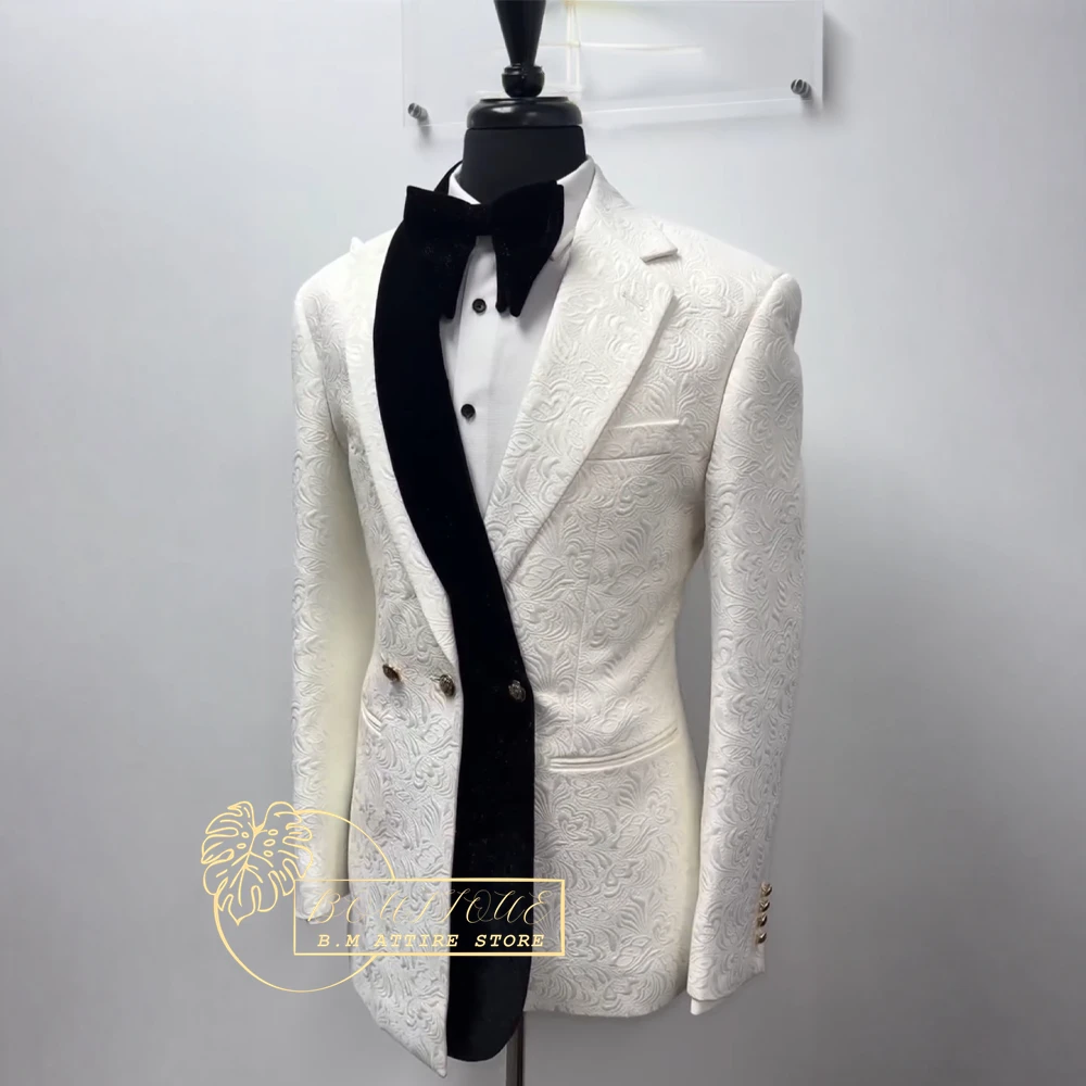 Elegant Men's Suit Ivory Jacquard Jacket Black Pants Bow Tie Custom 2pcs Set for Wedding Party Prom Double-breasted Gold Buttons