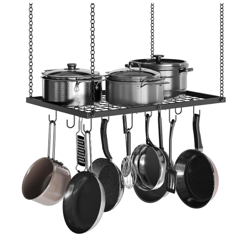 Hanging Pot Rack for Kitchen Metal Cookware Storage Organizer Ceiling Pan Hanging Rack Ceiling Mounted Pot Hanger with 12 Hooks
