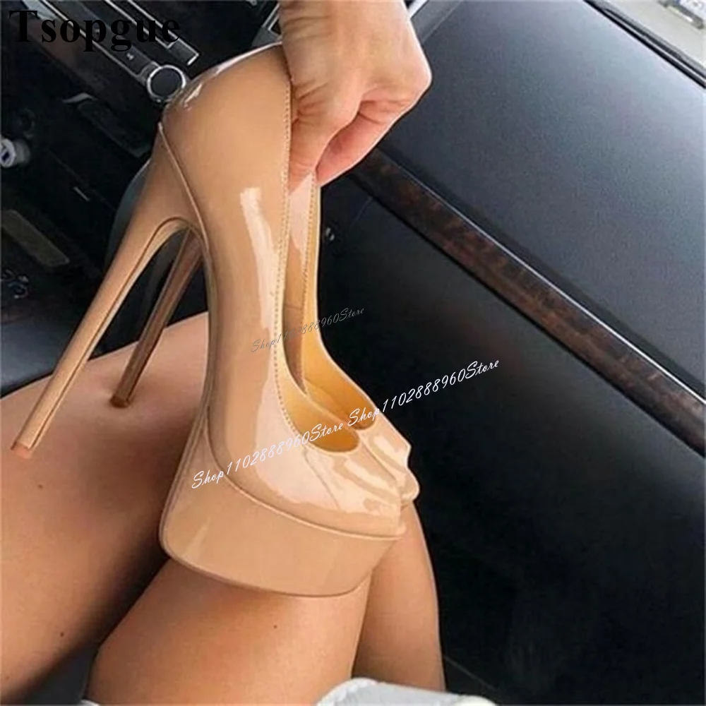 

Elegant Nude Patent Leather Platform Pumps Stilettos High Heel Women Shoes Slip-On Peep Toe 2024 Fashion Zapatos Para Mujere