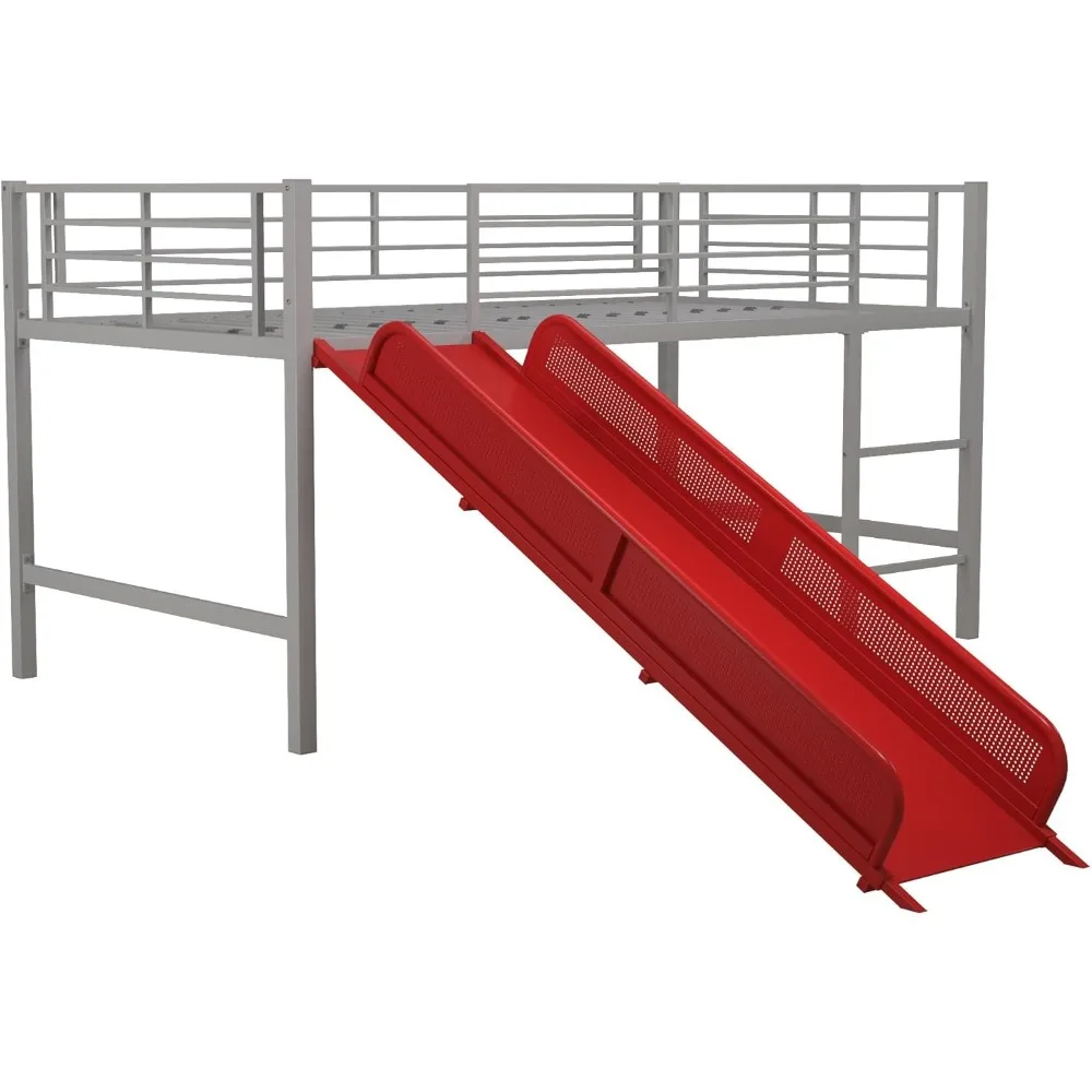 

Twin Metal Loft Bed with Slide, Multifunctional Design, Silver with Red Slide