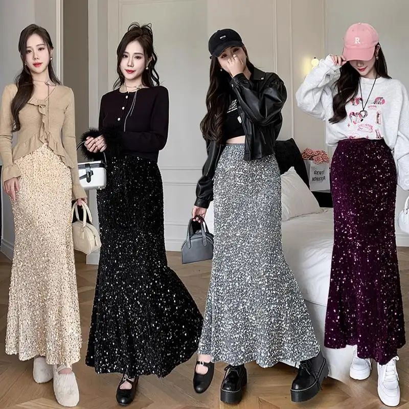 Korean Fashion Midi Skirt Woman High Waist Side Slit Sequined Party Pencil Skirts Female Casual Mid Length Jupe Dropshipping