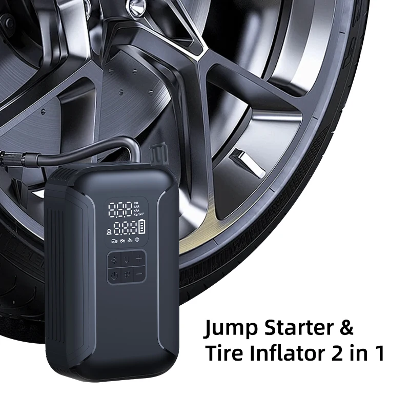 

2 In 1 Tire Inflator Portable Air Compressor Portable Jump Starter Cordless Mini Bike Pump Multifunction Emergency Tool 8000mAh