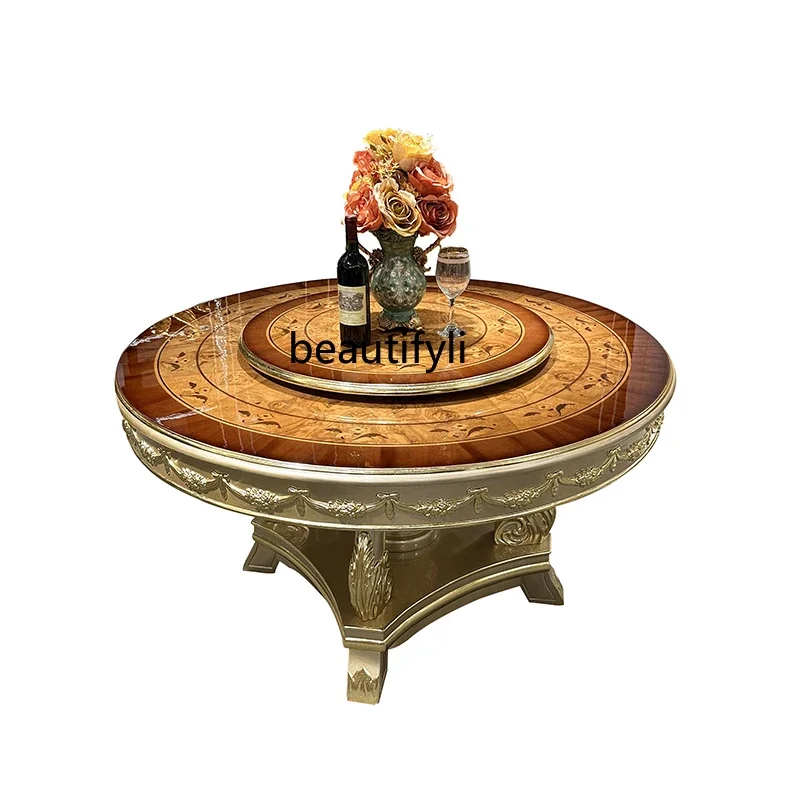 B03 طاولة طعام مستديرة من الخشب الصلب الفرنسي ومجموعة كرسي، طاولة طعام أوروبية فاخرة منحوتة بالذهب الشمبانيا للاستخدام المنزلي