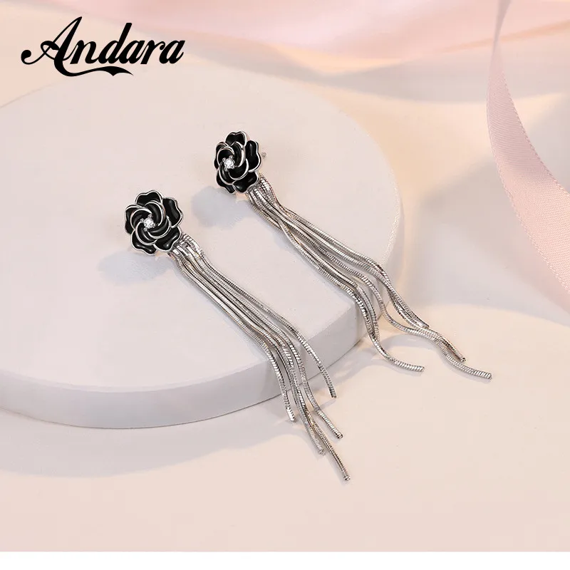 925 Sterling Silver Earrings Black Rose Fringed Long Earrings Engagement Jewelry Gift For Women