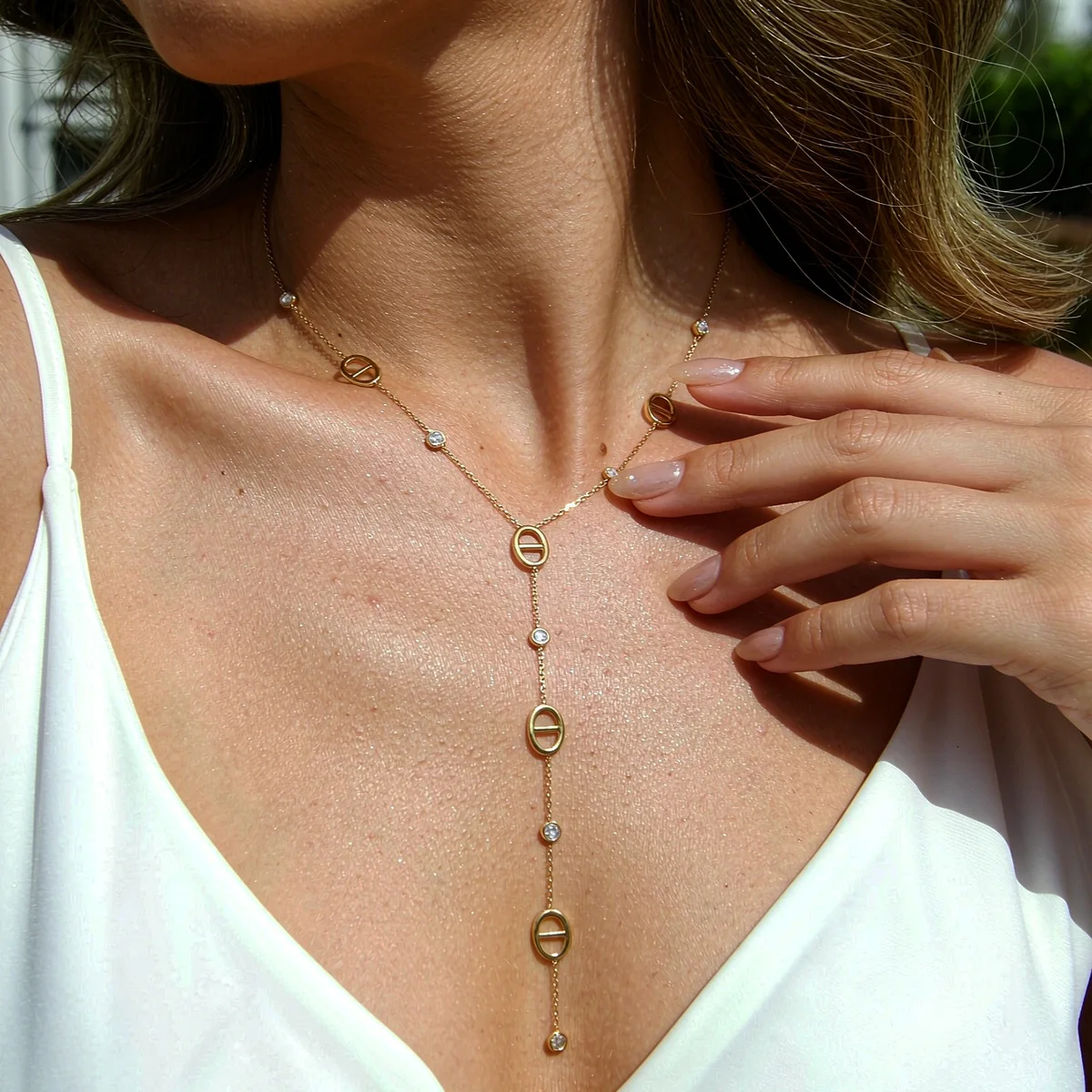 Ars Stainless Steel Y‑Drop Necklace 18k Gold Plated Pig Nose Link Zircon Lariat Necklaces Women's Statement Daily Wear Necklace