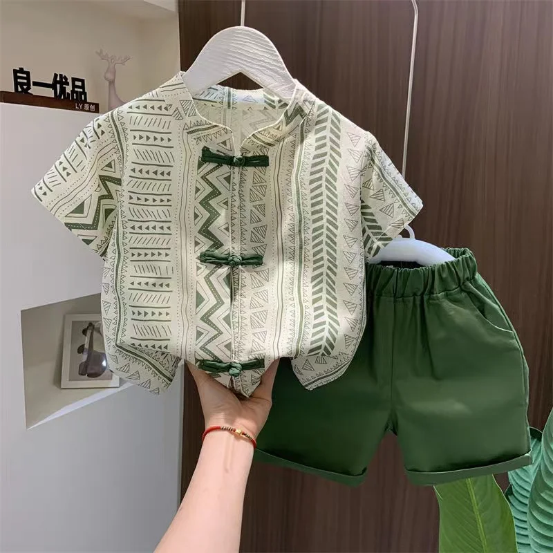 Boys Summer Set New Chinese Style Set New Children's Ancient Hanfu Trendy Baby Summer Thin Short sleeved Clothes Two Piece Set