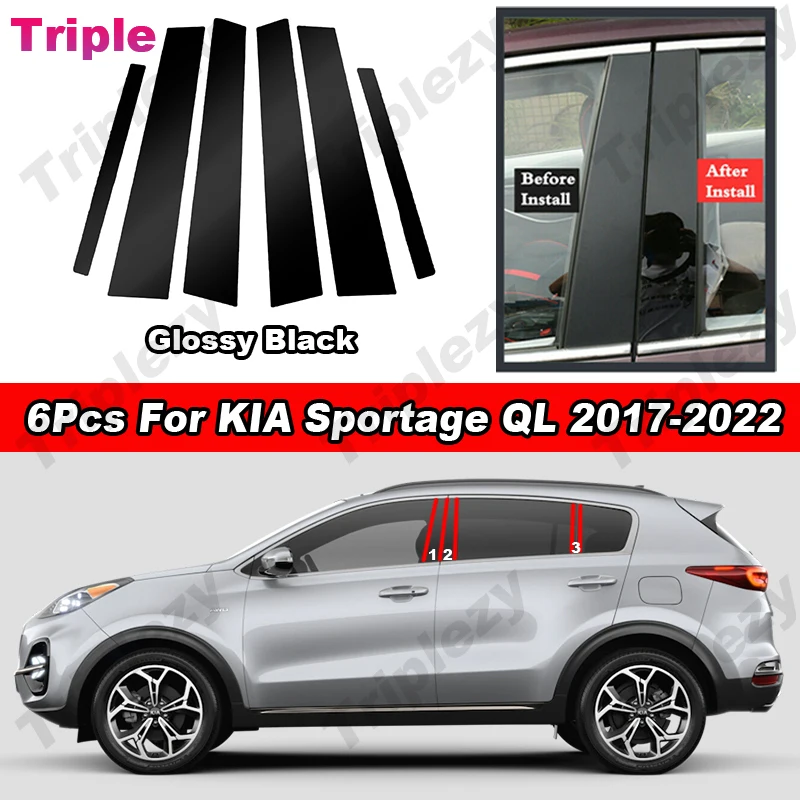 

6Pcs Glossy Piano Black/Carbon Fiber Car Pillar Posts Cover For KIA Sportage QL 2017-2022 Door Trim Window Molding Stickers