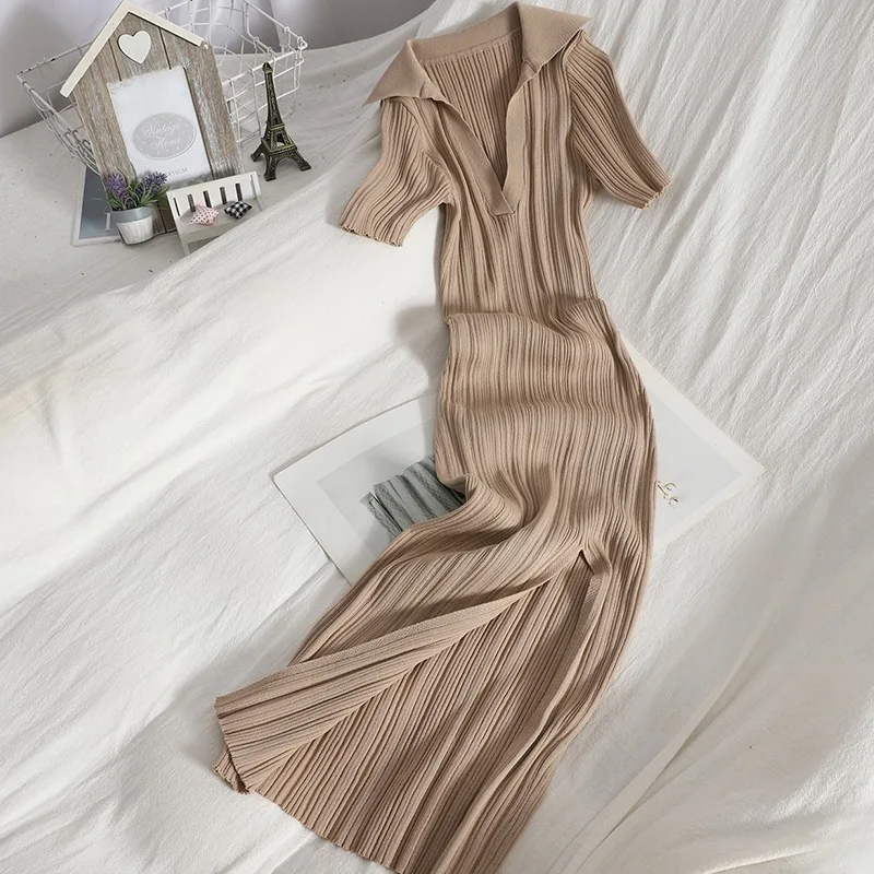 YuooMuoo-Robe d'été chic et sexy pour femmes, col en v, slim, élastique, fendue