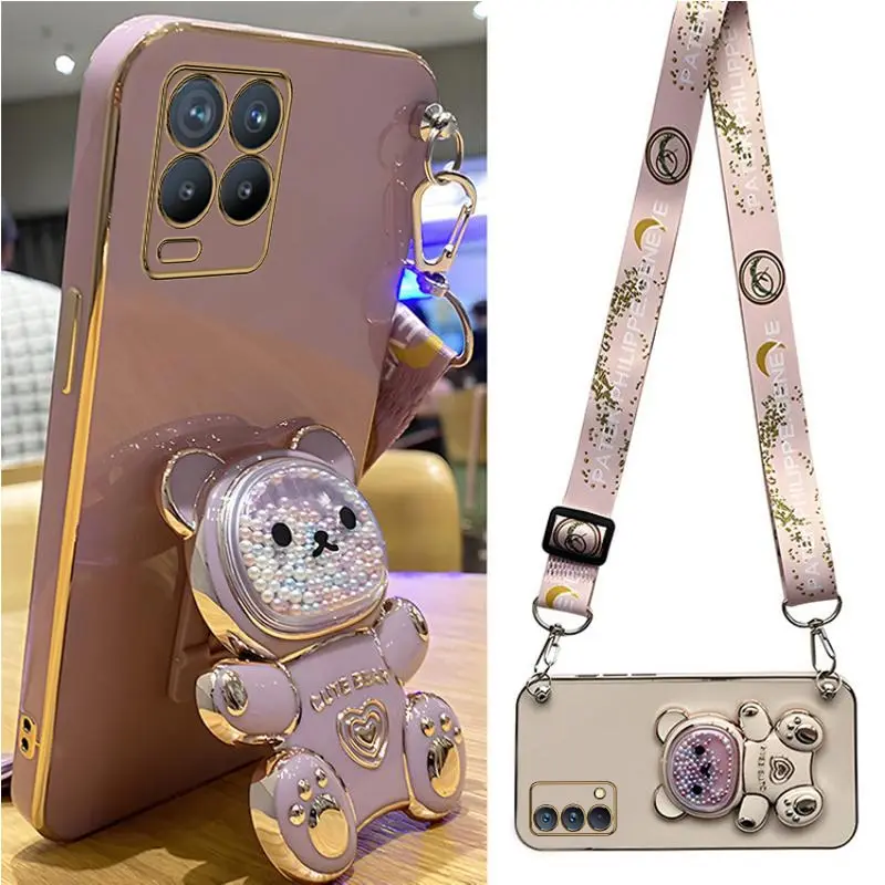 Quicksand Bear Holder Lanyard Phone Case For Oppo Realme 8 Pro 5i 6i 8i 9 10 Strap Stand Cover C20 C11 C21Y C25Y C30 C33 C35 C55