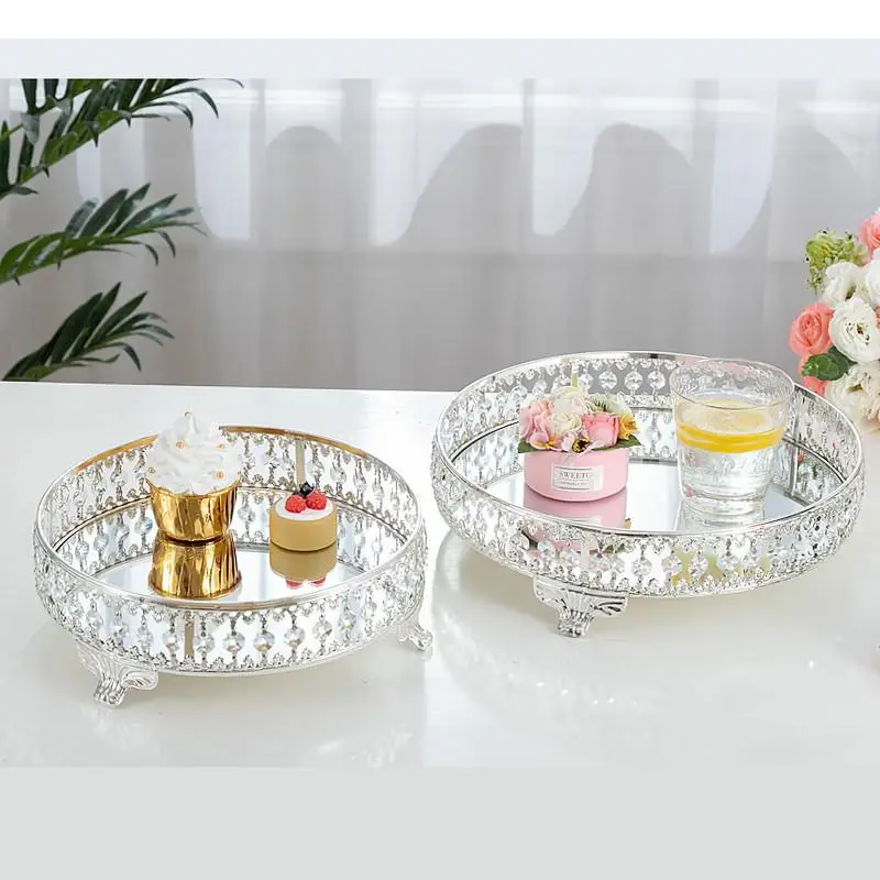 Round Mirror Tray Crystal Storage Jewelry Trays Shooting Props Decorative Dessert Plate Cake Display Stand Dish