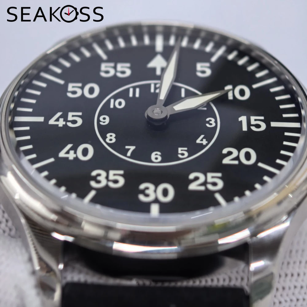 SEAKOSS 44MM Vintage Aviator Mens Watch EAT6497 Mechanical Pilot Watches Seagull ST36 Movement Luminous Wristwatch for Men Clock