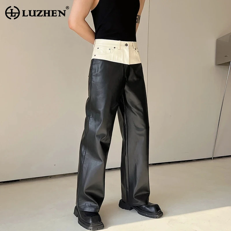 LUZHEN 2024 Trendy Color Contrast Splicing Leather Pants Men Niche Design Casual Straight Fashion Elegant Loose Trousers 41b7da