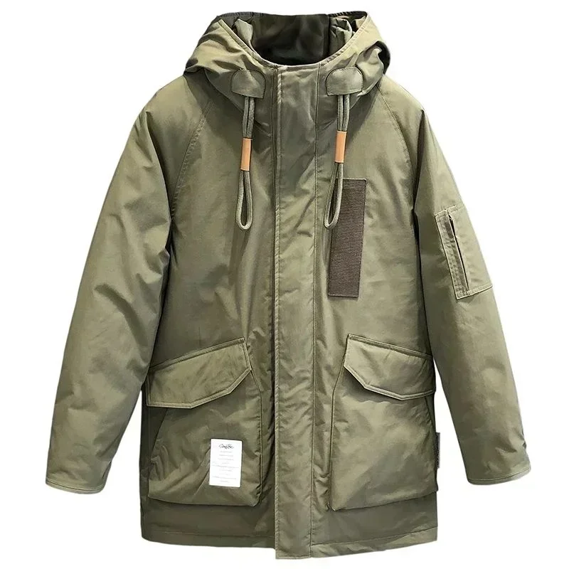 Military Green Cargo Down Jacket Medium Long Winter Thickened Thermal Coat Outdoor Warm Ski Parkas Camp Trekking Storm Suit