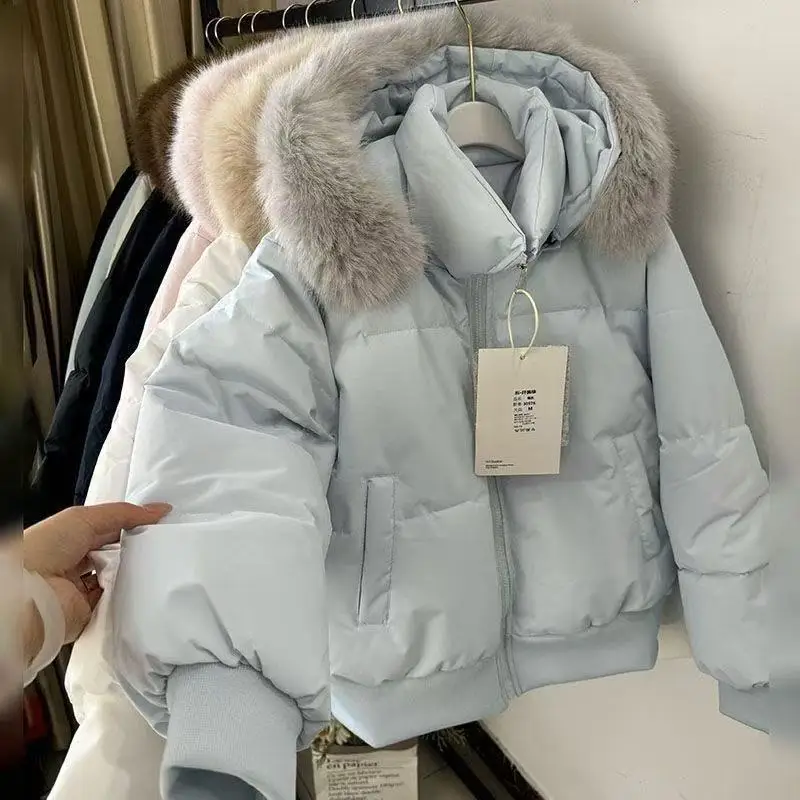 Winter Korean Short Fur Collar Hooded Cotton-padded Coats New 2026 Women Thickened Loose Warm Parkas Female Outerwear Overcoat