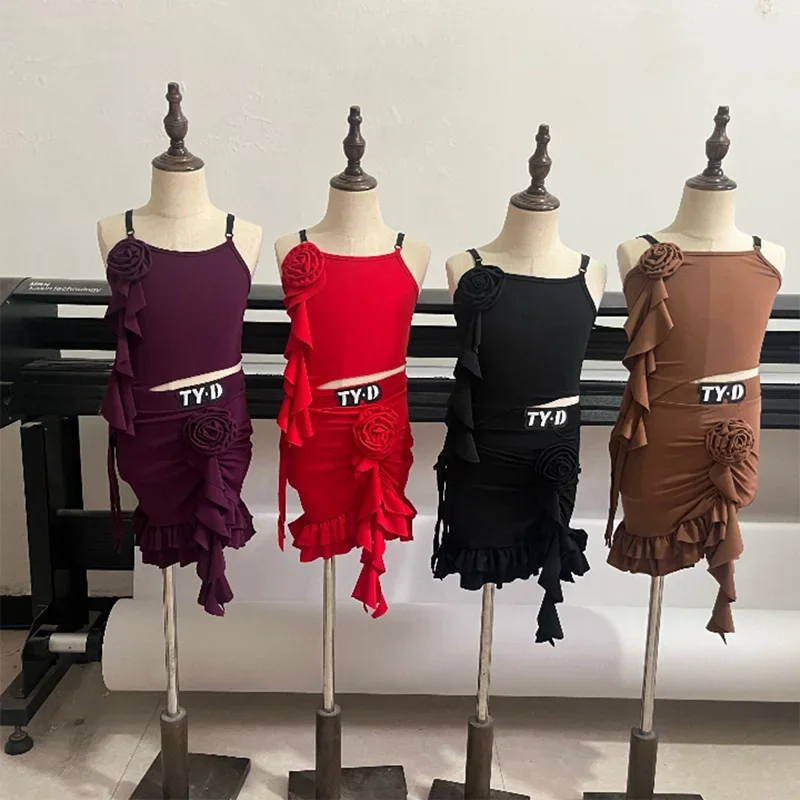 

4 Colors Childrens Latin Dance Costume Girls Dance Practice Dress Latin Dance Split Set Tango Samba Rumba Stage Clothing