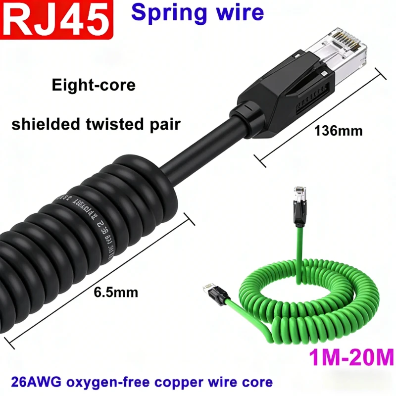 8-Pin RJ45 Industrielles Netzwerkkabel, Einziehbares Spiral-Signalkabel, RJ45 zu Cat6A Gigabit Schleppkette, Doppelt Abgeschirmte Federkabel