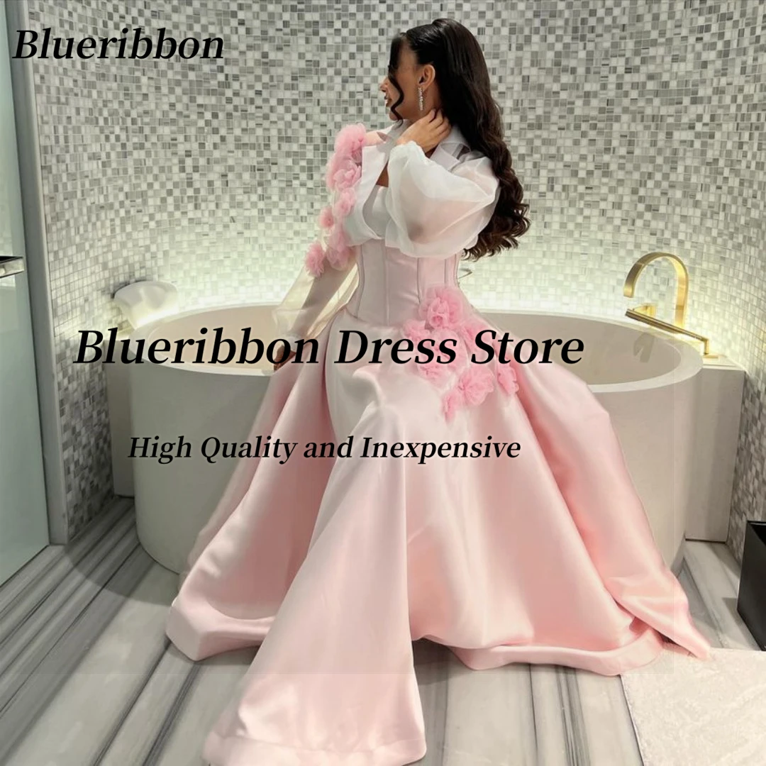 

Blueribbon Vestidos Prom Dresses 2024 Long Sleeves Corset Flowers Evening Party Dress Satin A Line Vestidos Des Fiesta Saudi