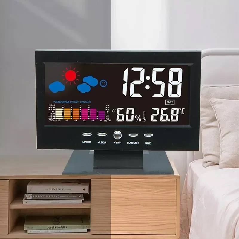 Led Digital Clock Thermometer Hygrometer Indoor Outdoor Color Screen Display Temperature Humidity Voice-activated Clock