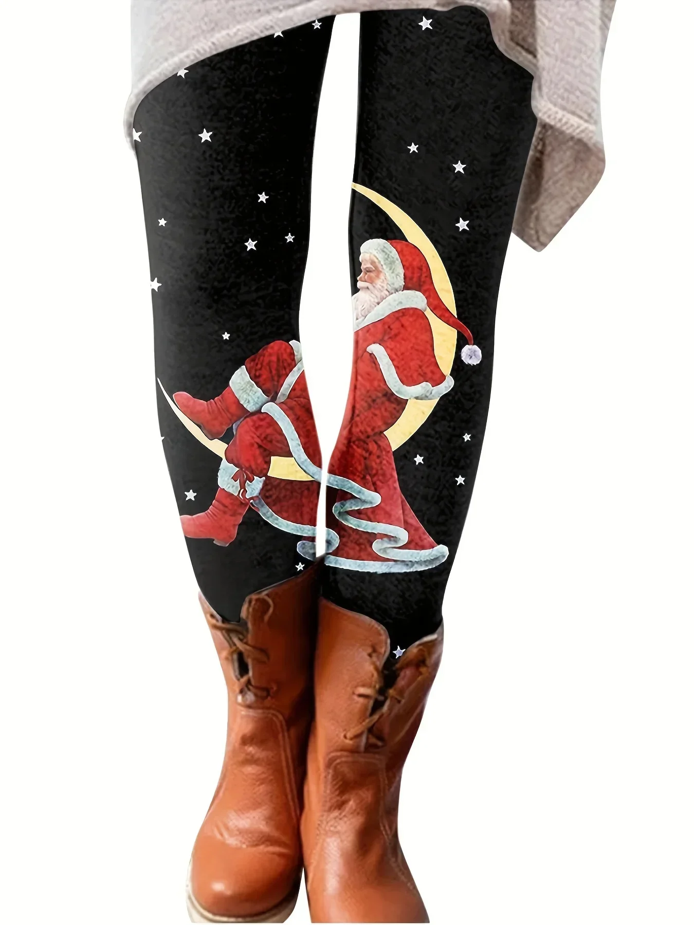 

Ladies Plus Size 1XL ~ 5XL Fashion Santa & Moon & Stars Printed Leggings Casual Stretch High-waisted Leggings