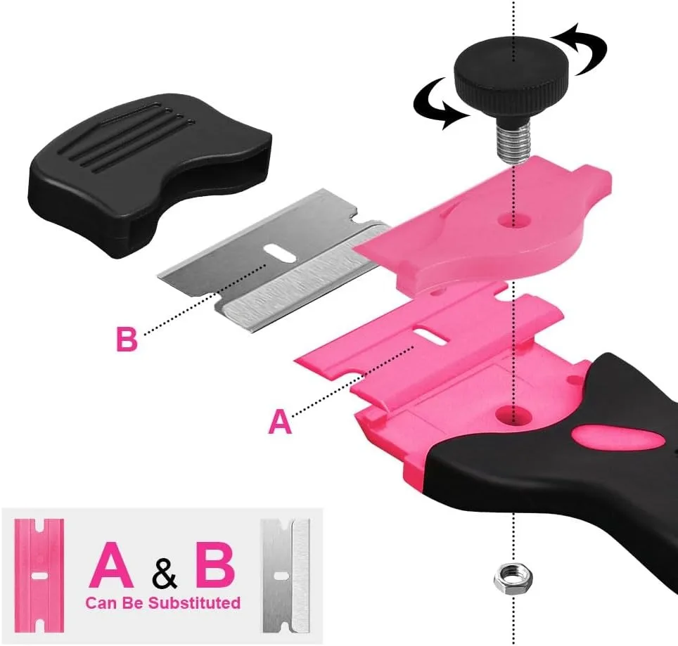 20 Pcs 2 Pack Double Edged Razor blade Scraper Tool with  Razor Blades, Glass Scraper for Windows, Decals, Tint, Stickers, Labels, Caulk, Adhesive（Pink）