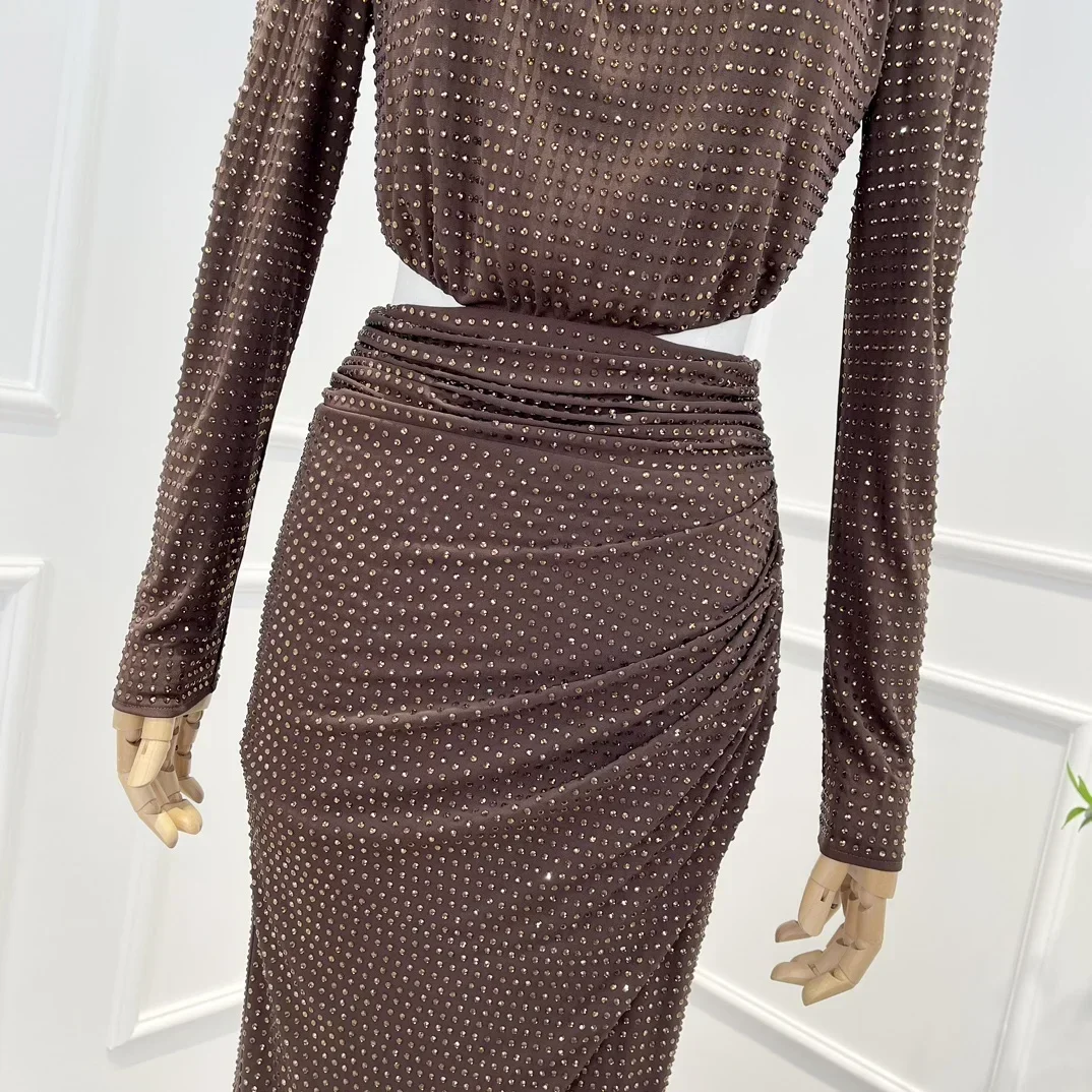 2022 New Collection Vintage Coffee Brown Slim Fit Cut Out Long Sleeve Diamonds Midi Dress