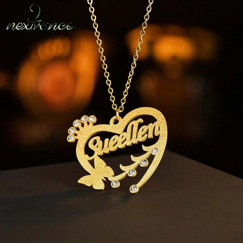 

Nextvance Customized Name Necklace Stainless Steel Frosted Stones Personalized Heart Butterfly Crown For Women Birthday Gift New