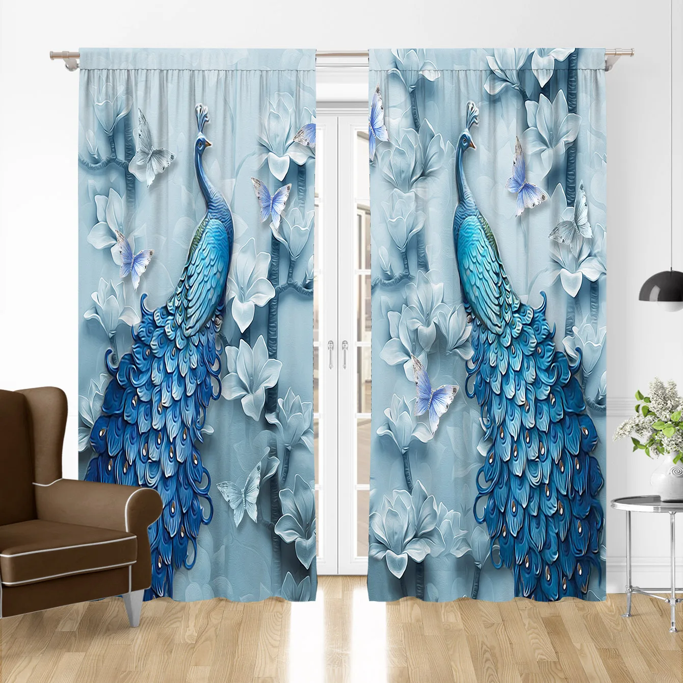 

Window Curtains for Living Room, Luxury Bedroom Divider, Blue Peacock With Flower, Peafowl, Left and Right, 2Panel