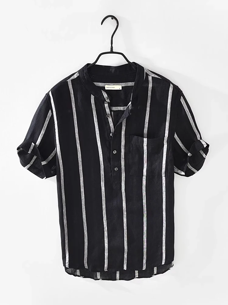 

Lightweight ort Sve Linen T-irt Men's Summer Ice Silk Breathable Loose Fit Youth Faion f Sve Striped Collar Tee