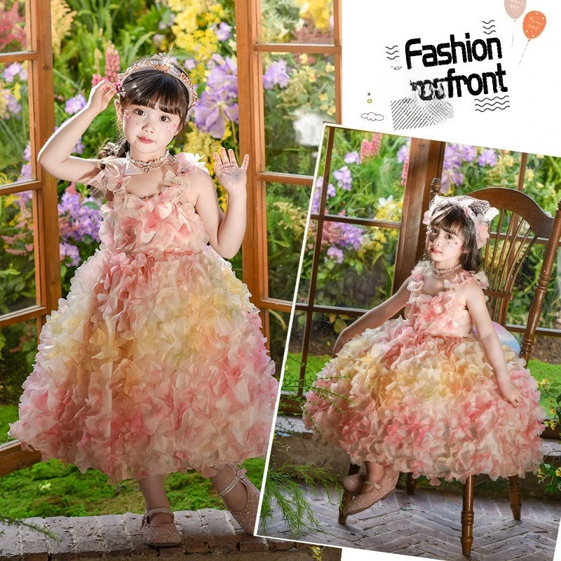 Luxury Rainbow Flower Girl Dress Sleeveless 3D Flowers for Kids Princess Wedding Pageant Birthday Party Ball Gown