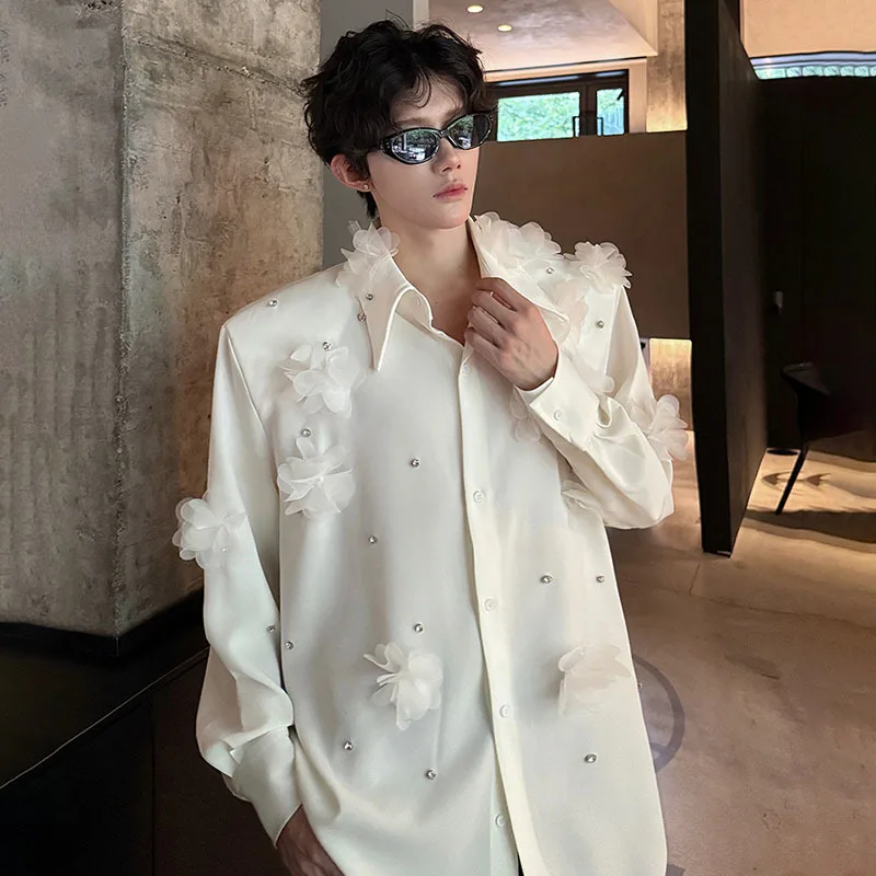 WTHT Fashion Men's Heavy Industy 3D Flower Beads Shirts Trendy 2025 Autumn Solid Color Lapel Long Sleeves Tops Mlae 2A2061