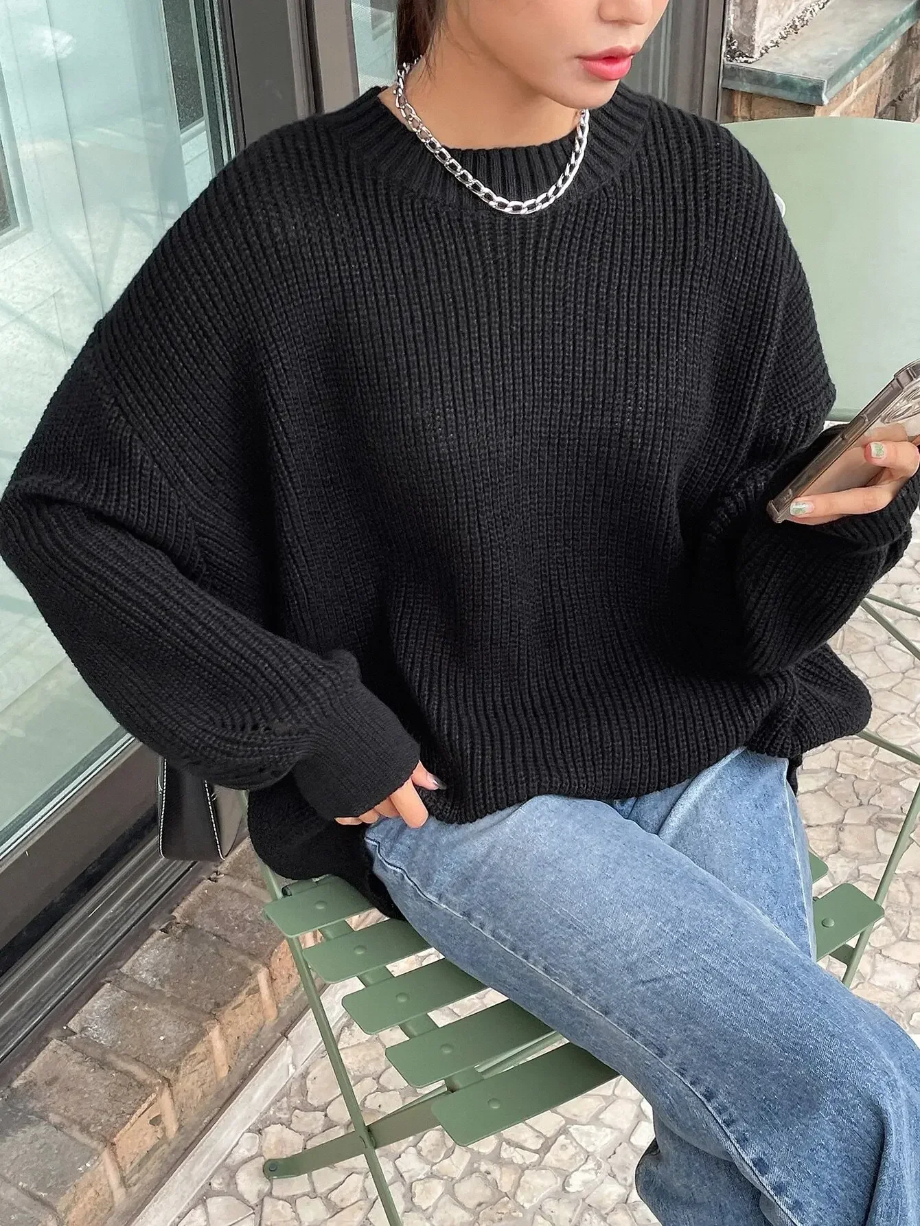 Womens Oversized Crewneck Fisherman Knit Sweater Downtown Girl Grunge Aesthetic Long Sleeve Chunky Ribbed Textured Pullover Jumper Top Solid Jet Raven Black Drop Shoulder Wide Cuffs Slouchy Boxy Silhouette For Fall Winter City Walk Outfits Christmas Gift