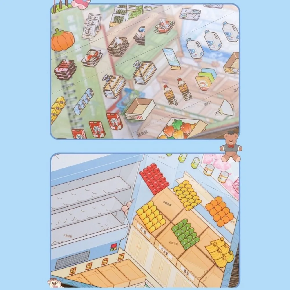 Shop Scene Miniature Scene Sticker 8 Scenes 25 Sheets Large Size Supermarkets Sticker Book PET Fruit Flower Toy Shops