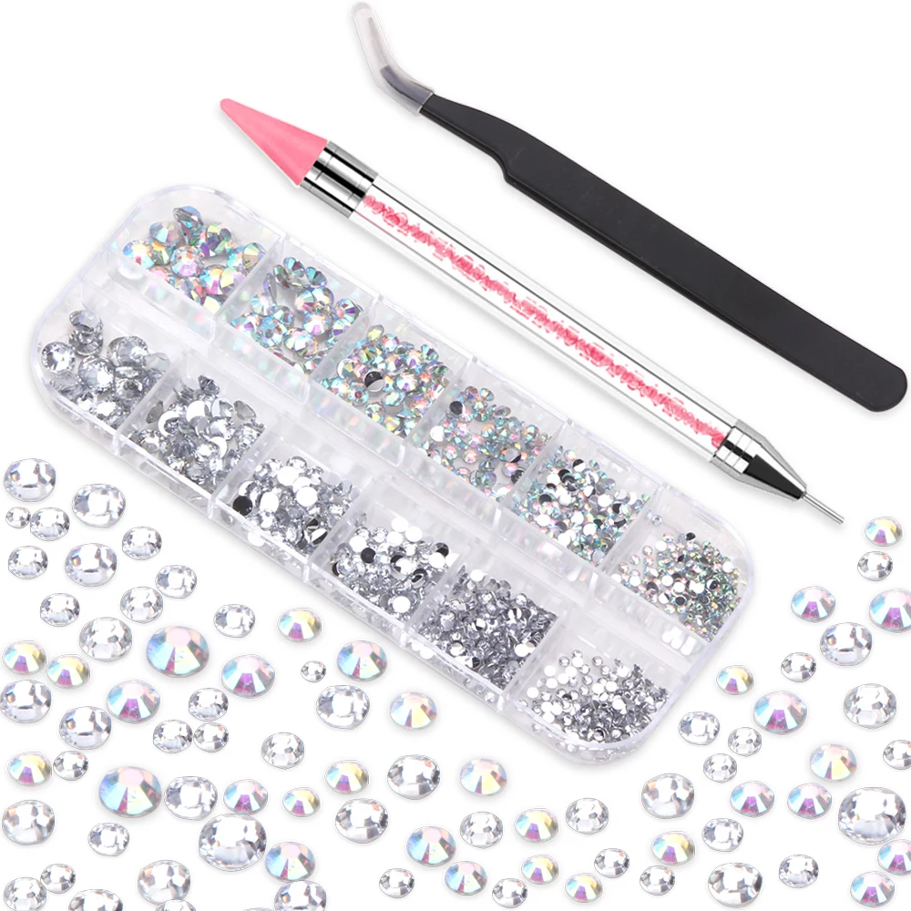 

1Set Rhinestone Nail Diamonds Crystals AB Rhinestones Makeup With Picker Dotting Pen Tweezers Gems 3D Glitter Nail Beauty Tools