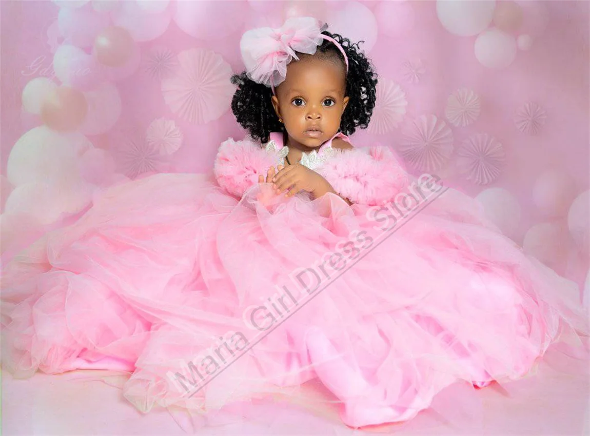 Pink Cute Flower Girl Dress Fluffy Wedding White Lace Appliqué Suitable For Children’s Formal Events Customizable