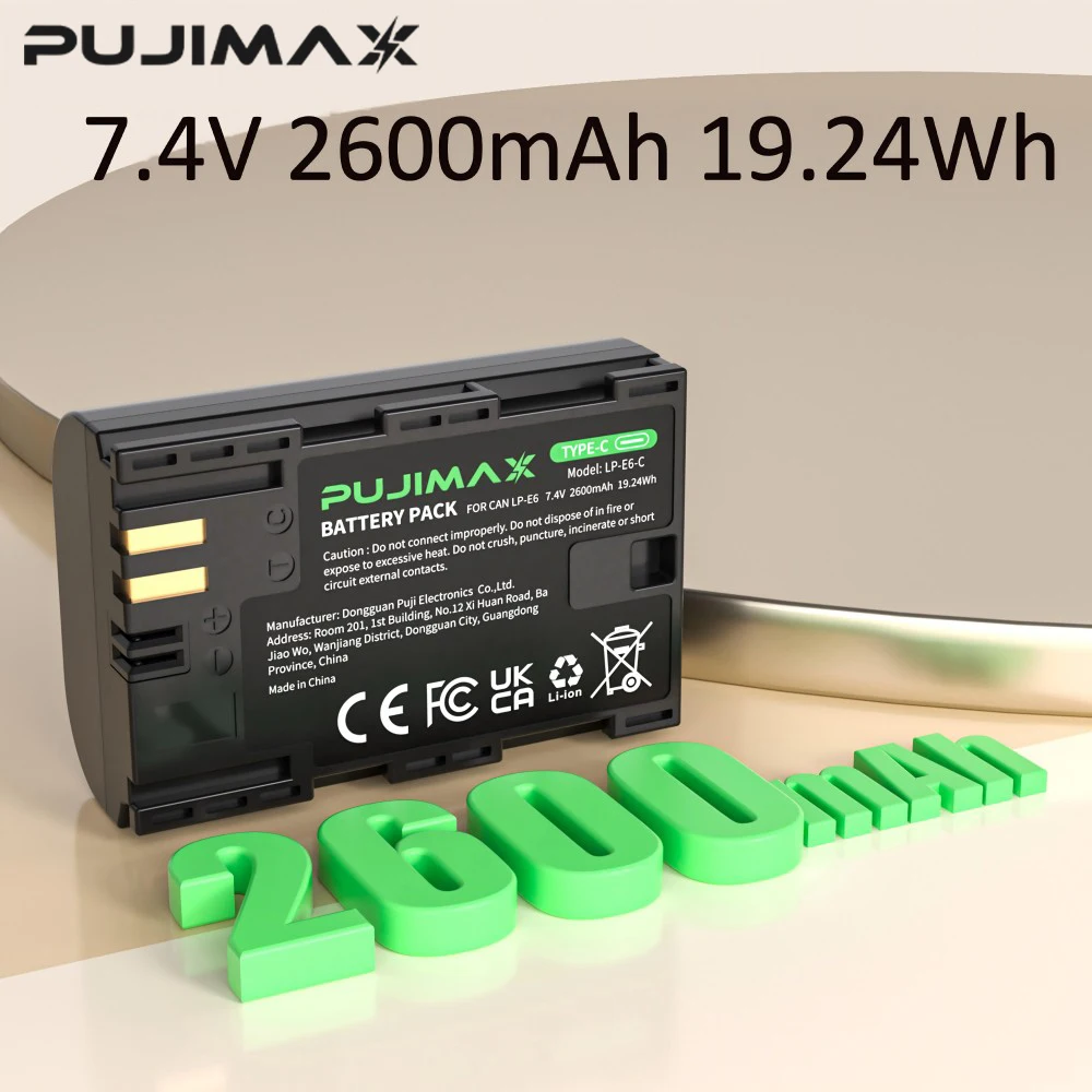 

PUJIMAX LP-E6 LP E6 LPE6 2600mAh LP-E6N Type-C Battery for Canon EOS 5DS R 5D Mark II 5D Mark III 6D 7D 80D 90D EOS 5DS R Camera
