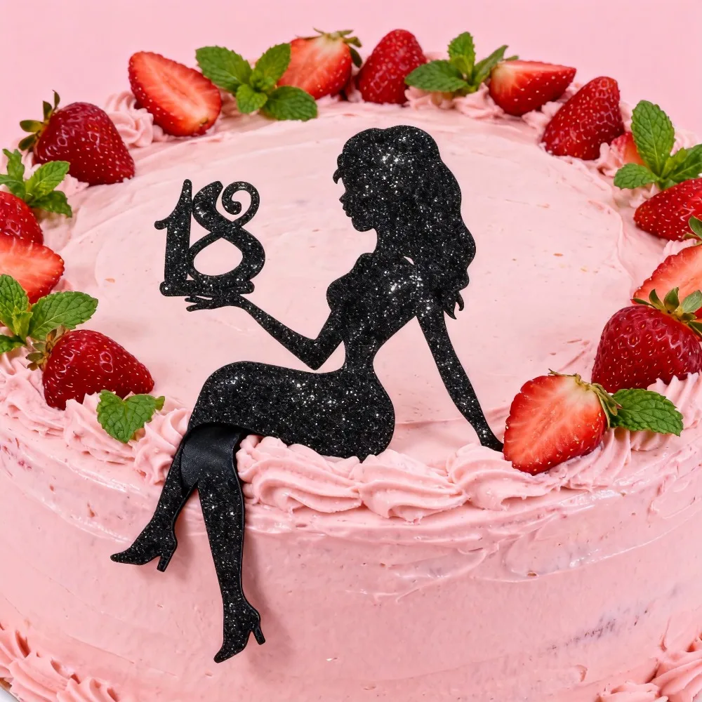 1 Stück Kuchenaufsatz zum 18. Geburtstag, schwarze Papier-Silhouette für kleine Mädchen für 18-jährige Geburtstagsparty-Dekorationen für Frauen – Detail 5