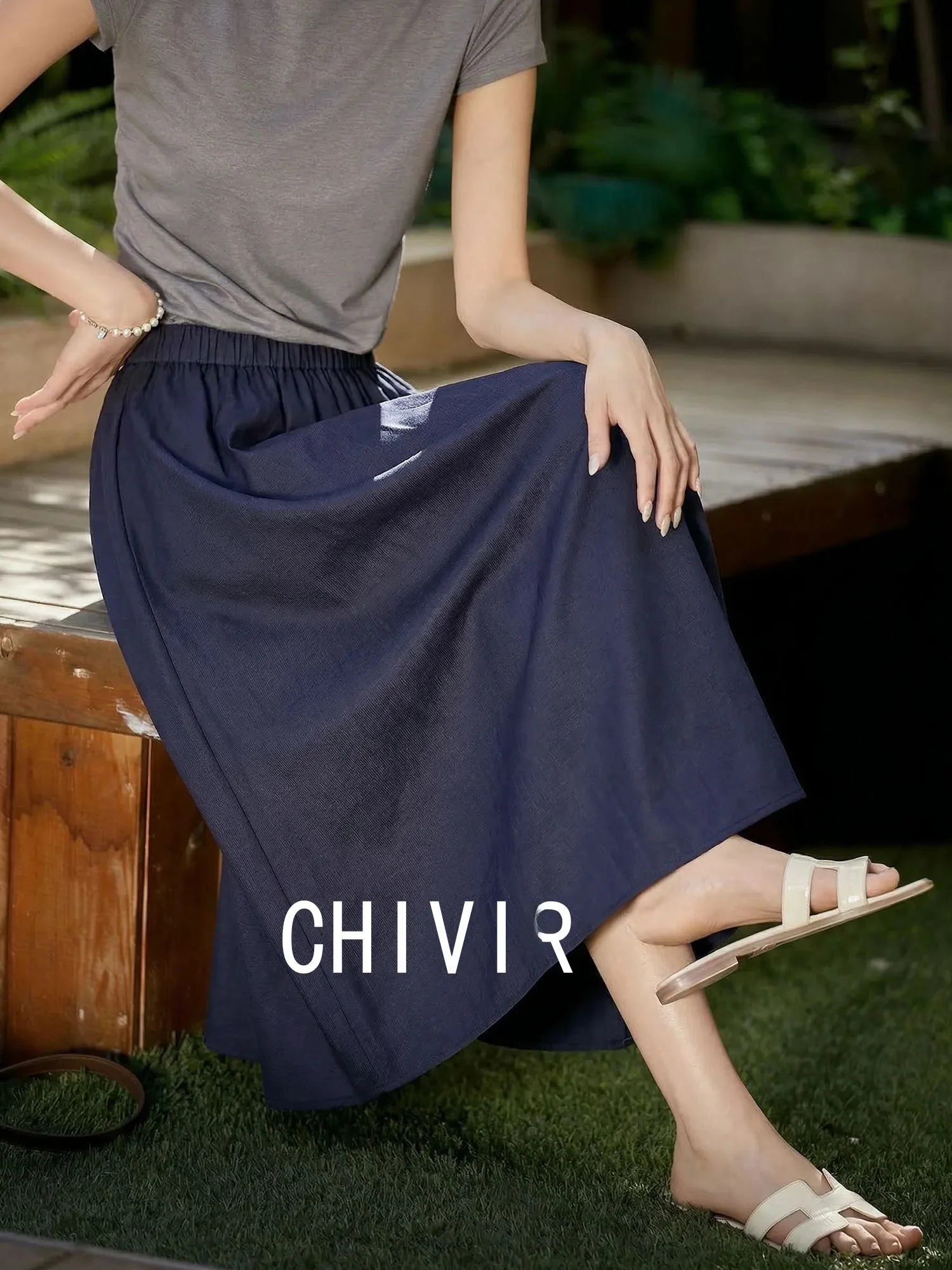 

Льняная юбка-миди Chivirin А-силуэта для женщин, летняя, с высокой талией, на резинке, для офиса, простая, длинная, элегантная, до колена