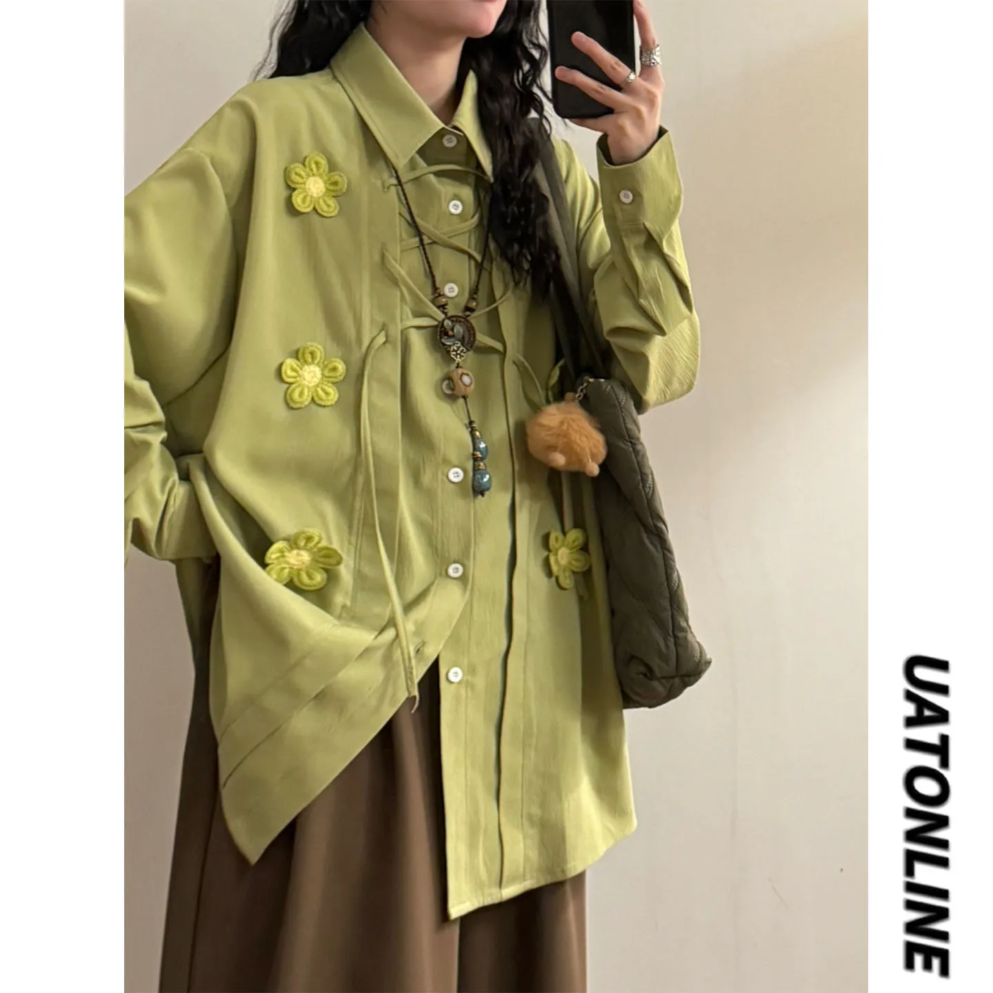 

UATONLINE2026 Весенняя женская рубашка в американском ретро-стиле с длинным рукавом, цветочным узором и узлом, свободного кроя, повседневная, с воротником