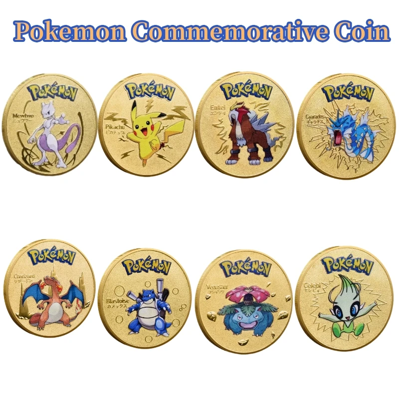 

Gold Pokemon Coin Metal Set Mewtwo Charizard Pikachu Anime Card Pikachu Commemorative Medallion Collectible Pokeball Gift