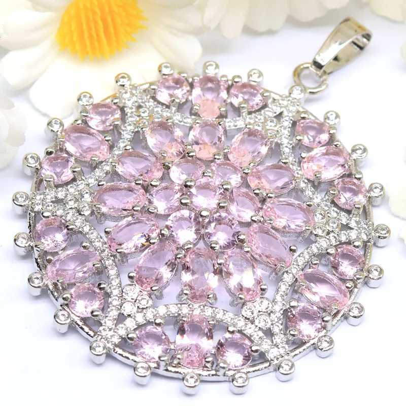 

55x42mm Awesome Big Size 13g Created Pink Kunzite Red Blood Ruby CZ Women Dating Silver Plated Pendant