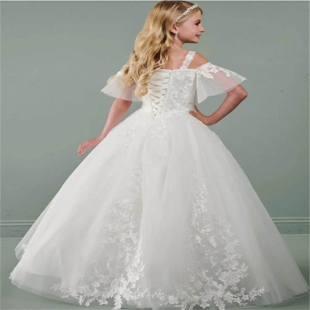 New White Flower Girl Dress Lace Appliqué Appliqué Elegant Spaghetti Straps Communion Birthday Ball Junior Bridesmaid Gown