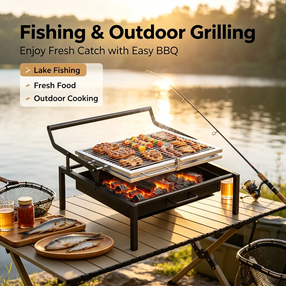 Foldable Portable 360° Rotating Charcoal Grill, Stainless Steel Outdoor Barbecue Grill with Removable BBQ Net for Camping Beach