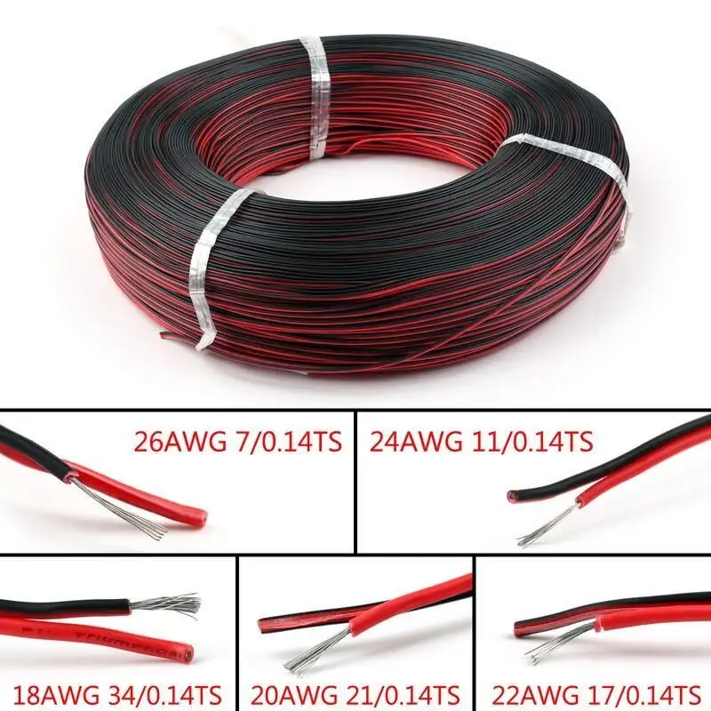 5/10m 2 Pin Electrical Wire Coppers 16/18/20/22/24/26/28 AWG Insulated PVC Extension LED Strip Cable Red Black Wire