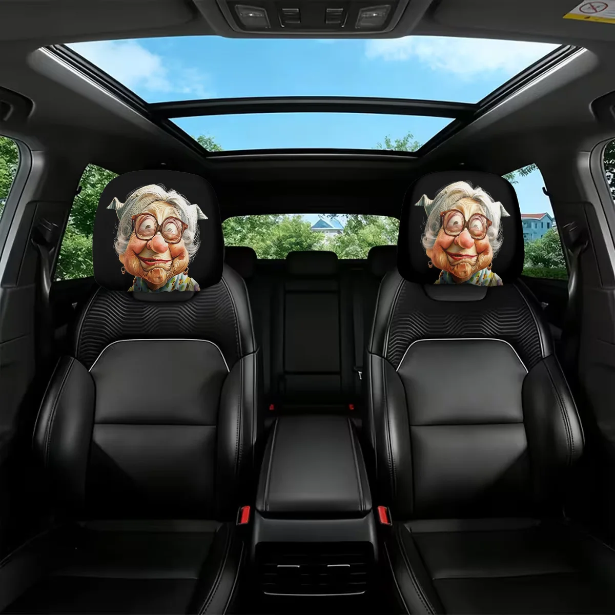 2pcs Cartoon Funny Granny Print Car Headrest Covers, Easy to Install and Remove, Perfect Funny Car Accessory,