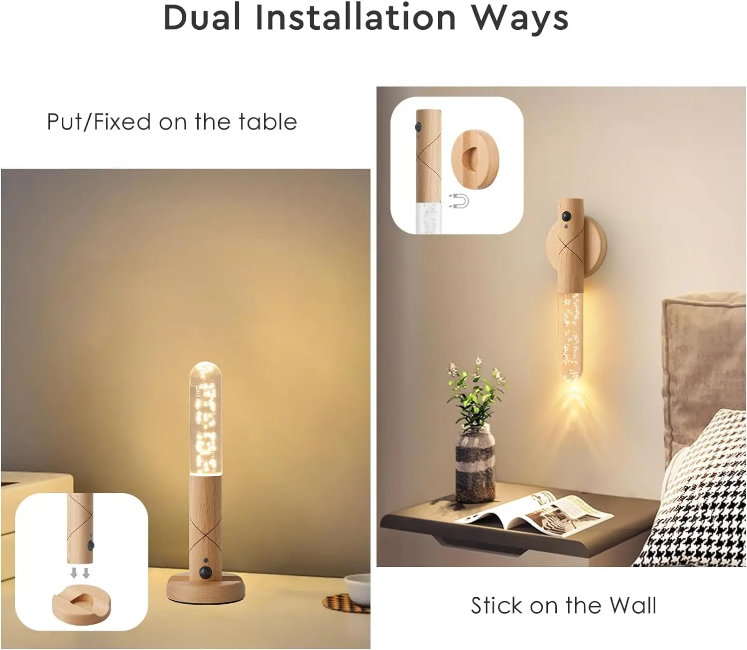 LED Wood USB Night Light Magnetic Wall Lamp Kitchen Cabinet Closet light Home Staircase Bedroom Table Move Lamp Bedside Lighting