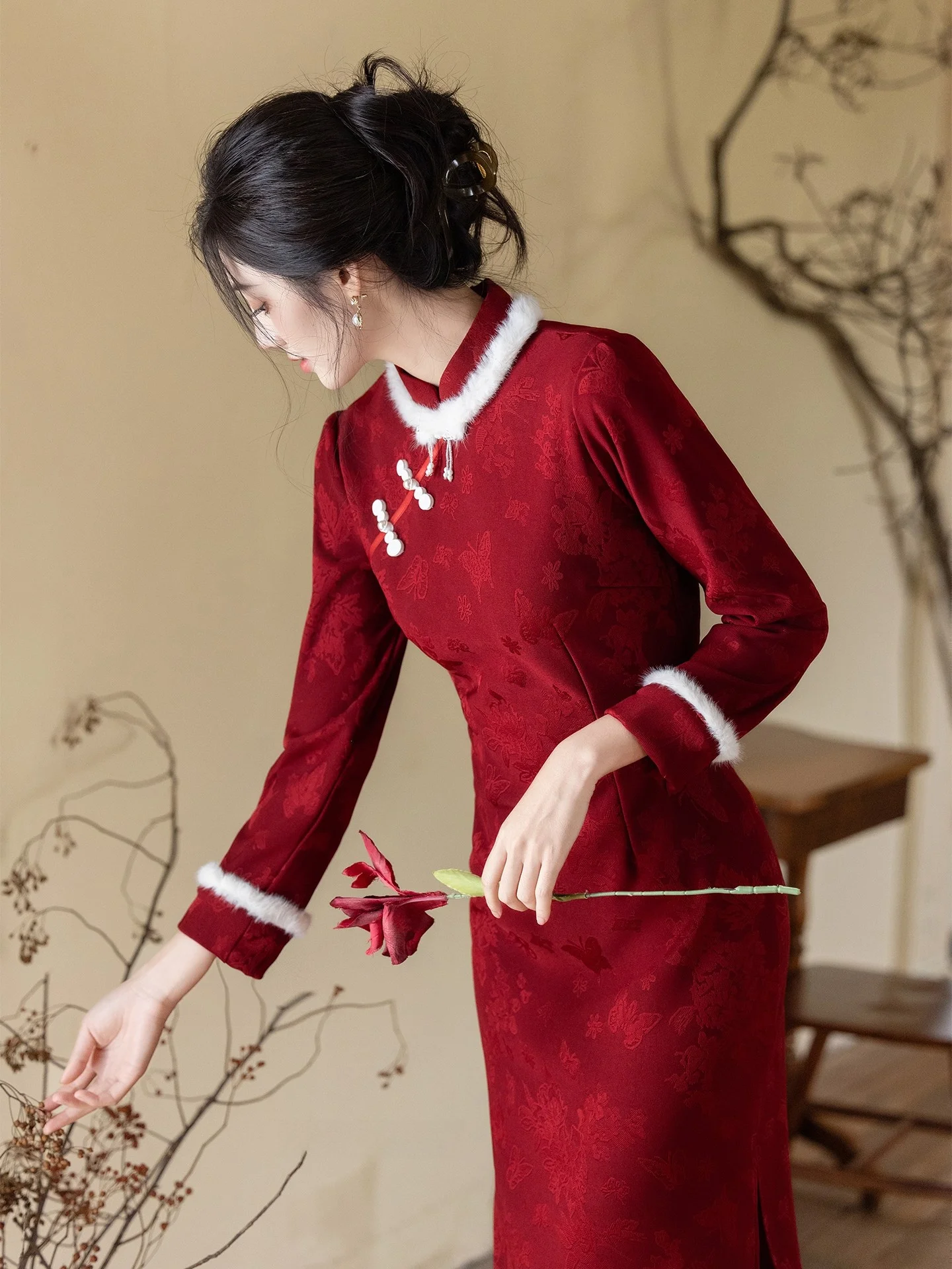 New Chinese Sle Long  Fro Coat Wine Red Winter Wedding Engagement Ceremony High Warmth Fce Lined Girls