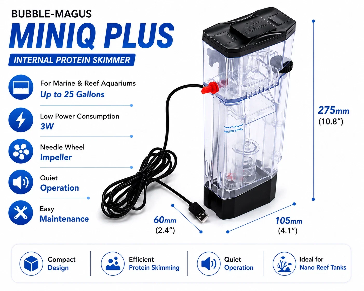 Bubble Magus MiniQ Plus Nano Reef Hang-On Internal Protein Skimmer for Marine Saltwater Aquarium 100L