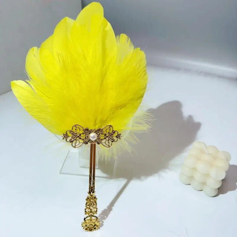 1Pcs Gold Handle Colorful Vintage Fluffy Feather Hand Fan Chinese Style Fairy Fan Dance Fan Stage Performances