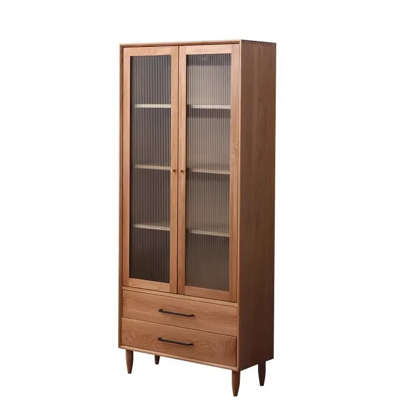 Nordic Solid Wood Bookcase with Glass Door Log Oak Cherry Japanese Style Floor to Ceiling Narrow Bookshelf Storage Cabinet - view 5